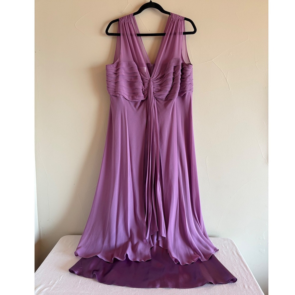 Y2K Vintage Pure Silk Slip Dress Gown Lavender Purple Ruched Waist Deep V 16W